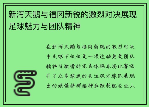 新泻天鹅与福冈新锐的激烈对决展现足球魅力与团队精神